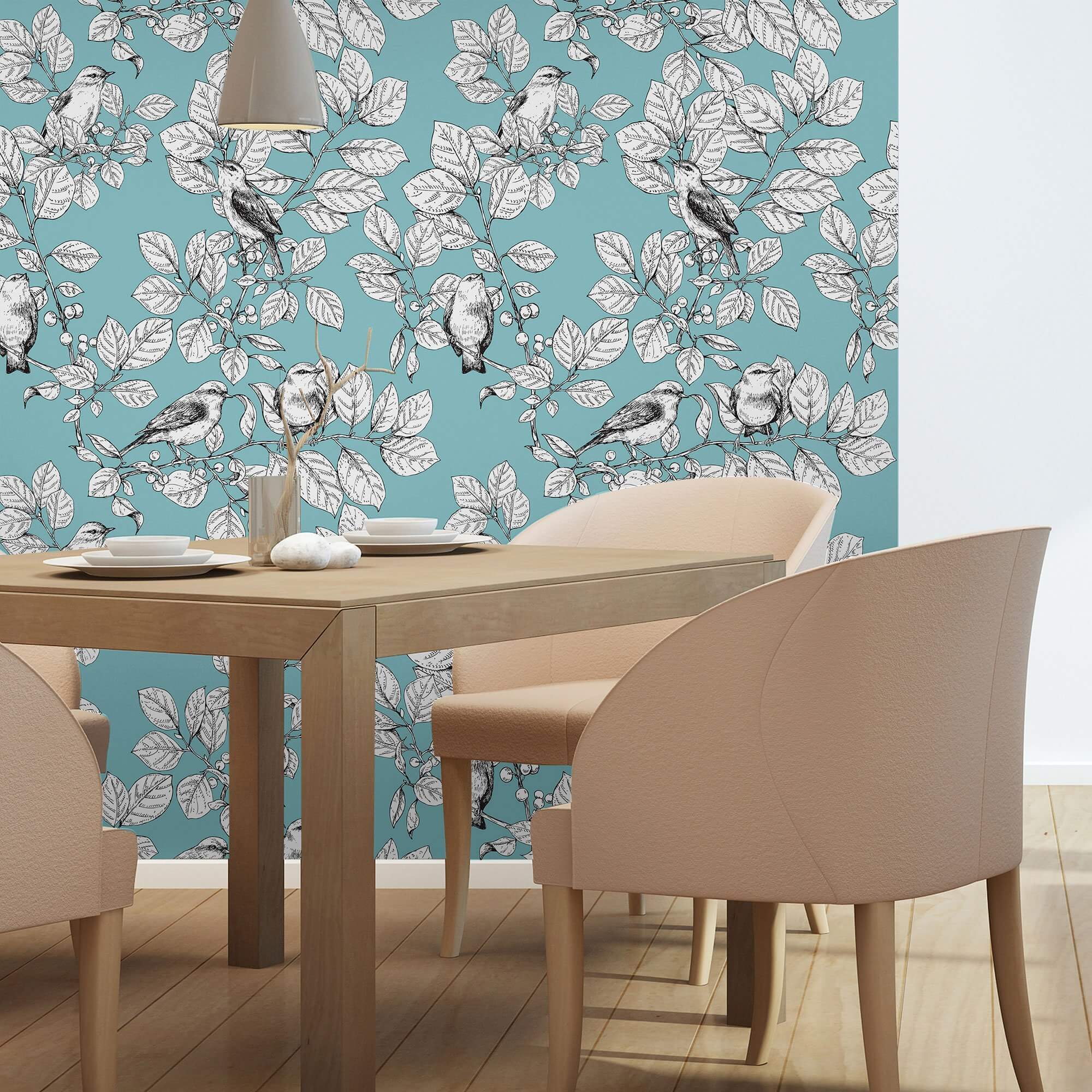 Blue Floral Animal Print Peel and Stick Removable Wallpaper - Self-Adhesive Decorative Wall Covering for Bedroom, Nursery, Living Room, Office Decor