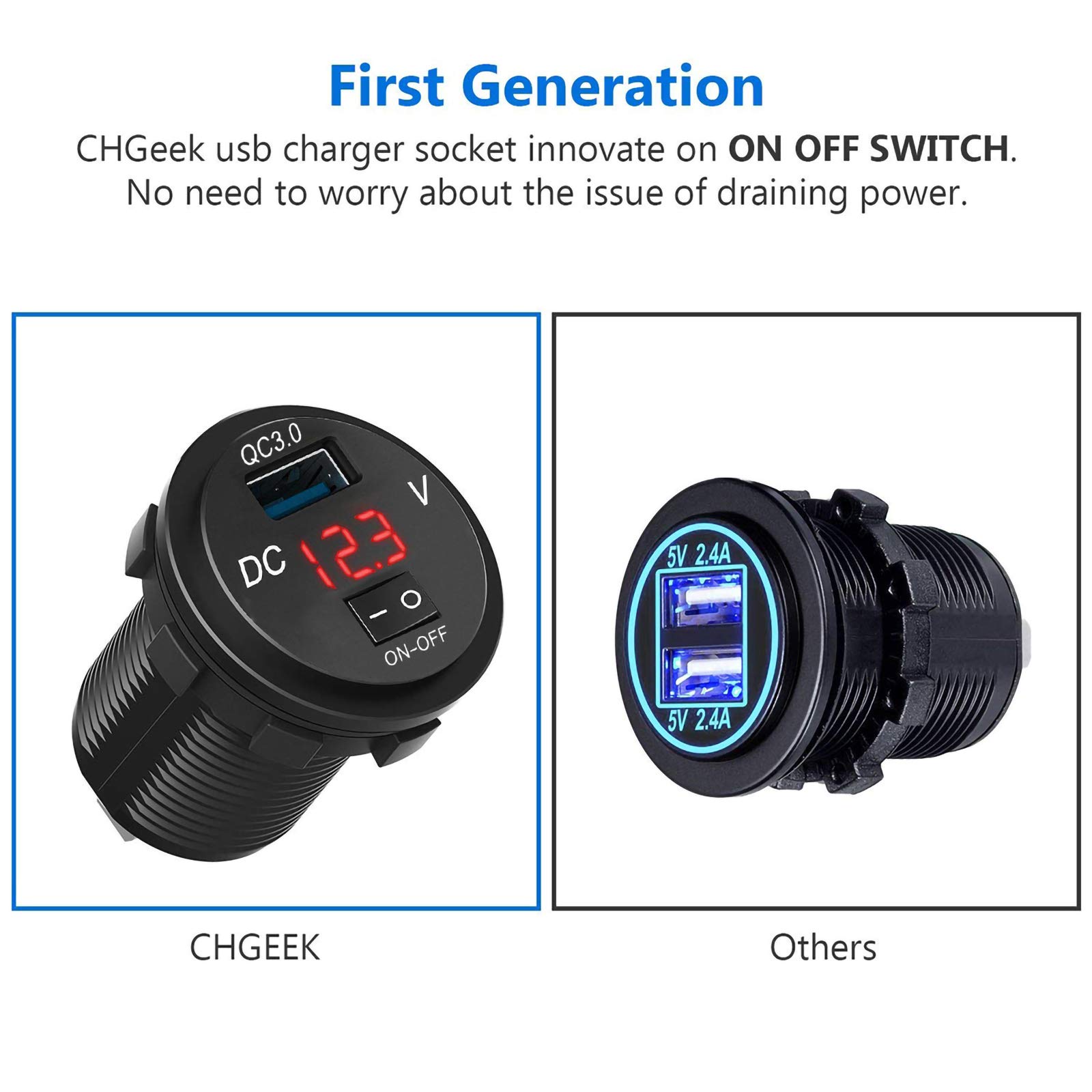 Leyeet Quick Charge 3.0 USB Car Charger with Digital Voltmeter & ON/Off Switch - Fast Charging Port for iPhone, Android, Tablet - Compatible with Cars, Trucks, Marine, ATV, Motorcycle (Red) - Perfect for Road Trips, Camping & Outdoor Adventures