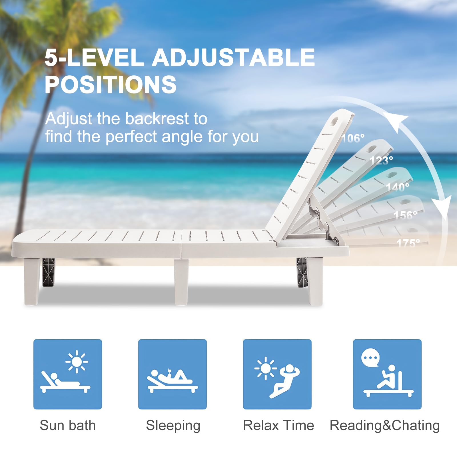 3-Piece Outdoor Chaise Lounge Set - Waterproof Resin Adjustable Recliner Chairs (5 Positions) for Patio, Pool, Beach & Backyard - All-Weather White Lounge Furniture - Perfect for Sunbathing, Relaxing & Outdoor Entertaining