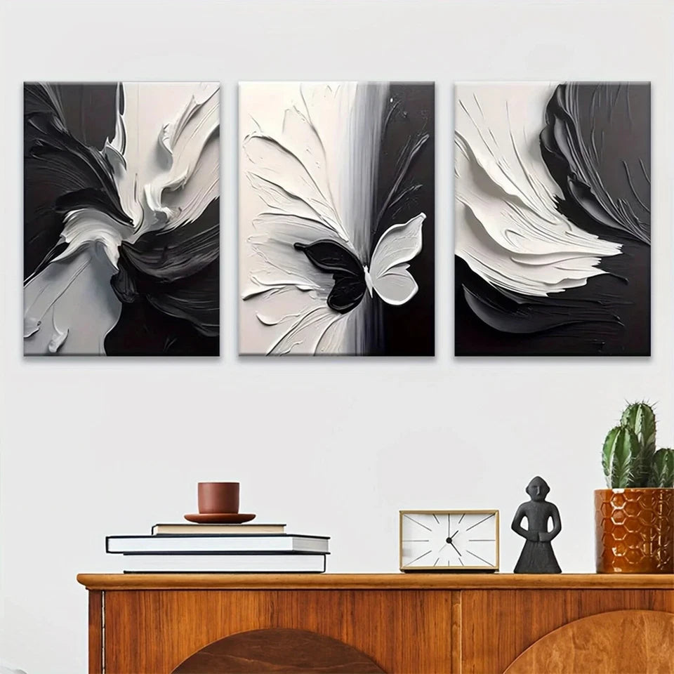 3-Piece Abstract Black and White Butterfly Metal Wall Art - Ready to Hang Modern Home Decor for Living Room, Bedroom & Office