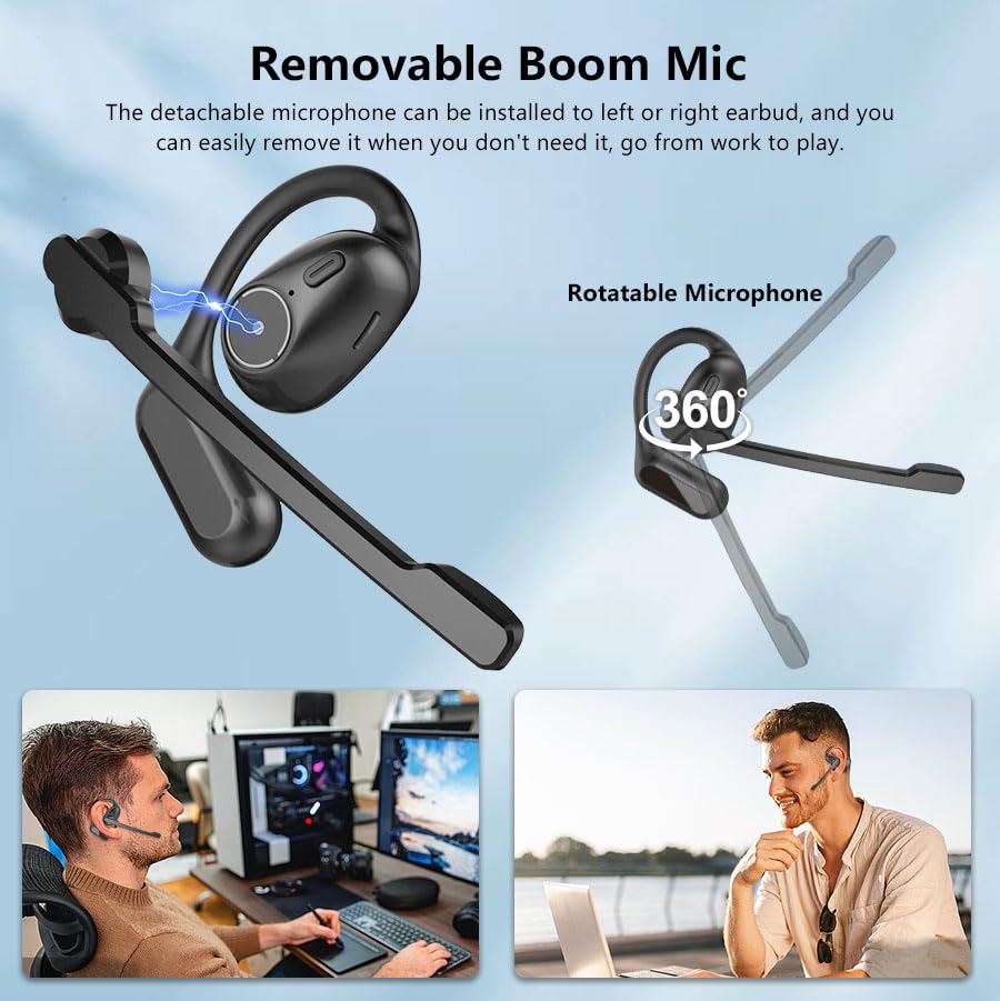 iDIGMALL A2 Open Ear Bluetooth Headset with U2 USB Dongle - Wireless Earbuds with Noise Canceling Detachable Mic & 60H Charging Case for Office, Home, Work, Driving - Perfect for Conference Calls, Remote Work & Commuting