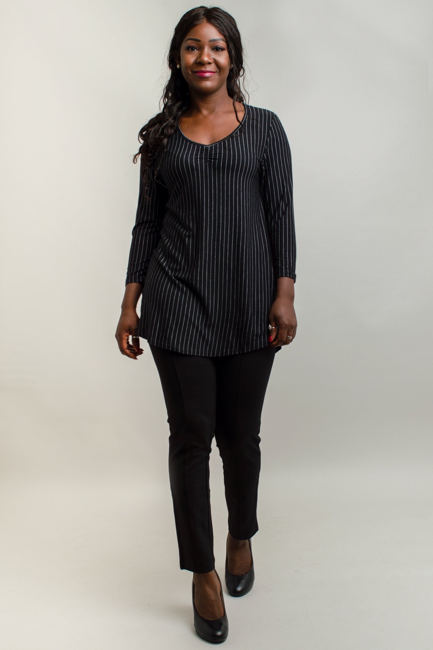 Franny Top - Black & White Pin Stripe Bamboo Blouse for Women | Soft & Breathable Eco-Friendly Shirt | Perfect for Office Wear, Casual Outfits & Summer Fashion