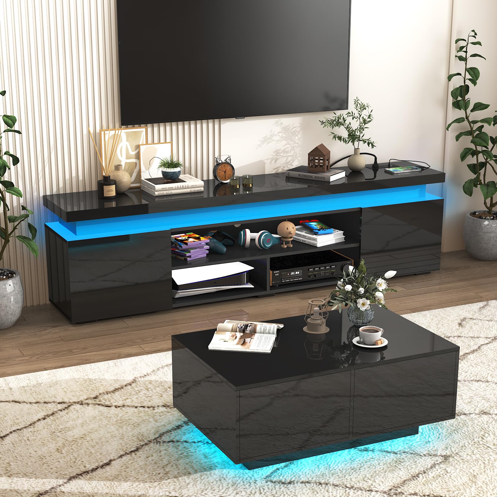 85 Inch LED TV Stand with Power Outlet - Modern High Gloss Entertainment Center with Storage & LED Lights - TV Console for Living Room & Bedroom (74 Inch, Black) UDKSE1883 - Perfect for Home Theater Setup & Stylish Room Decor