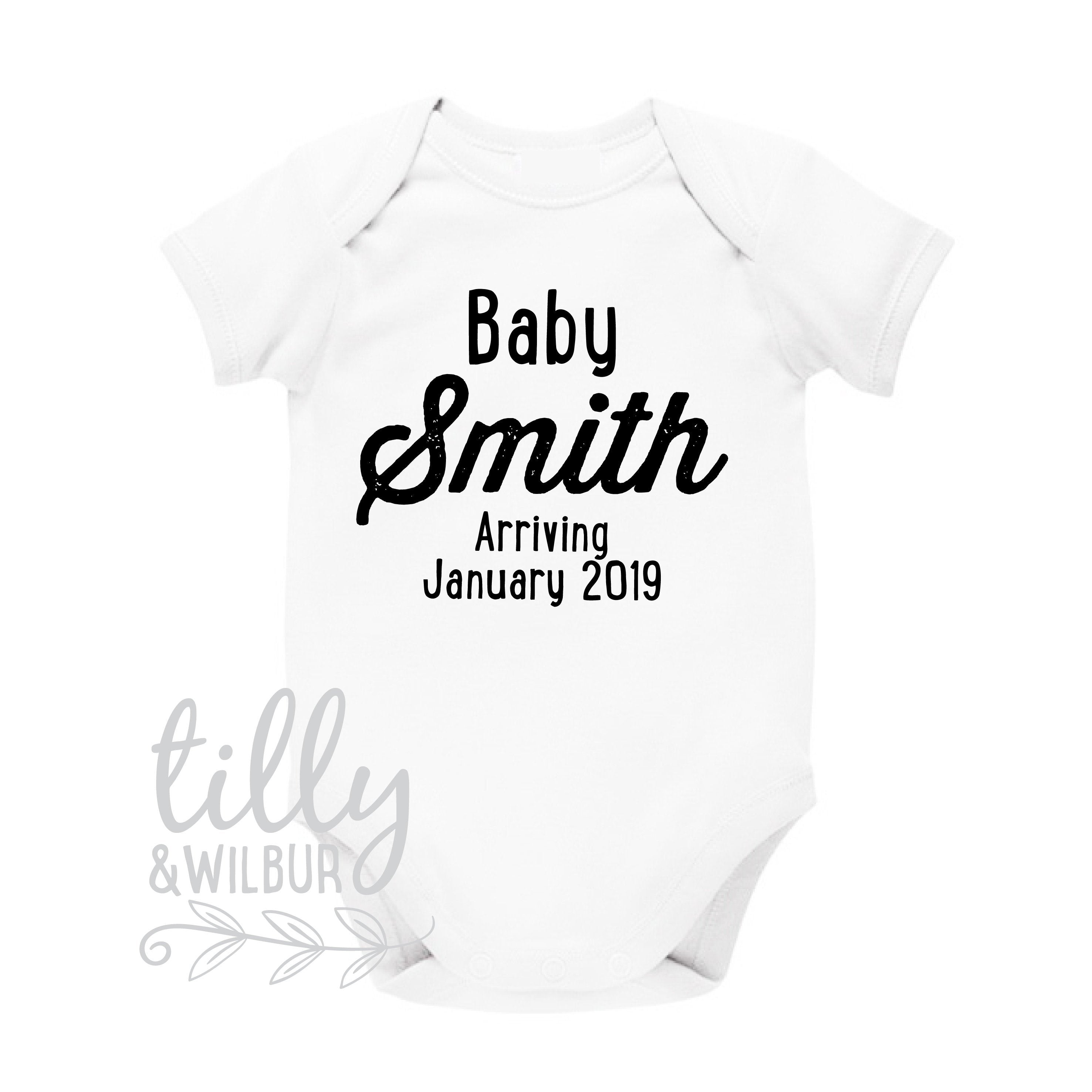 Personalized Baby Arrival Announcement Bodysuit - Custom Due Date & Surname - Perfect for Pregnancy Reveal & Newborn Photo Shoots
