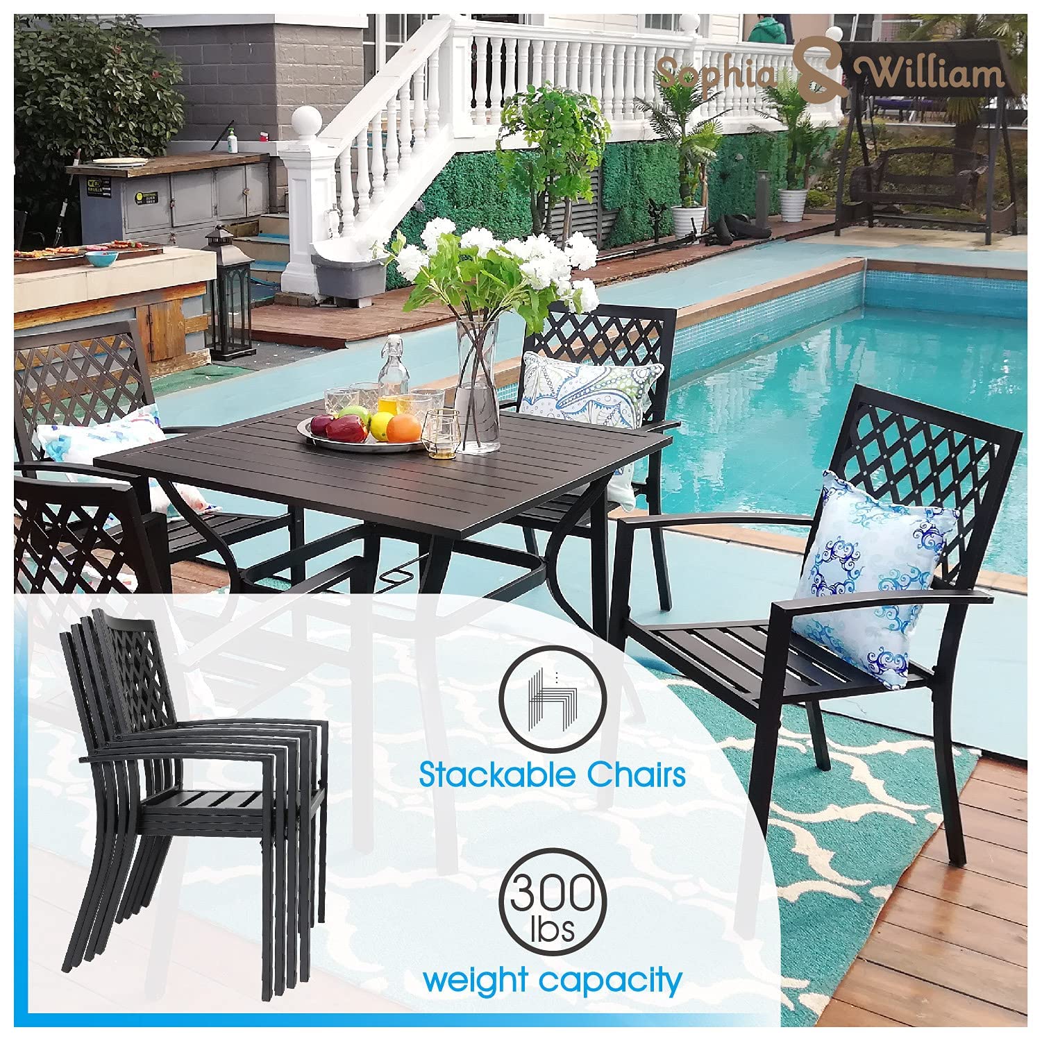 Sophia & William 6-Piece Outdoor Patio Dining Set for 4 - Metal Square Table with 4 Stackable Chairs & 9ft Tiltable Navy Blue Umbrella - Perfect for Backyard, Garden, Poolside & Outdoor Entertaining