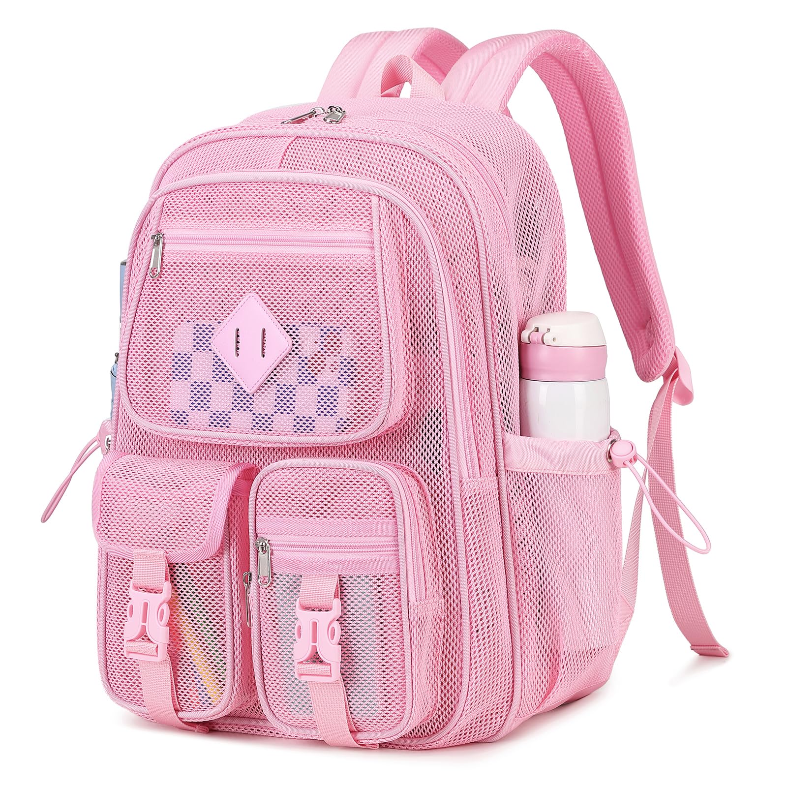 MOONBABY Mesh Backpack for Women & Girls - Lightweight Breathable See-Through Bookbag for School, Beach, Swimming, Sports, Work & Travel - Durable Semi-Transparent Net Backpack (Pink) - Perfect for Gym, Pool Days & Outdoor Adventures