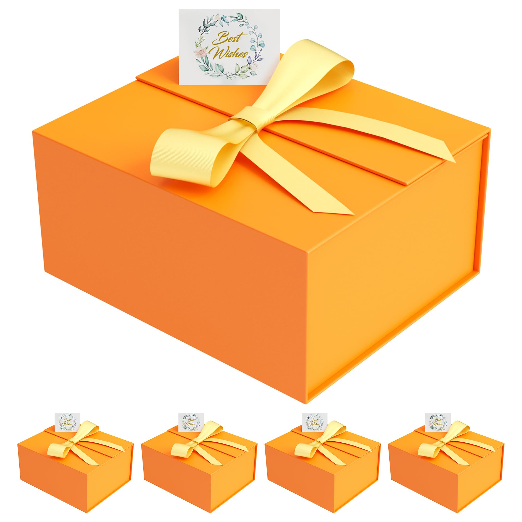 5 Pack 9x7x4 Inch Orange Magnetic Closure Gift Box Set with Card & Ribbon - Elegant Collapsible Present Box for Bridesmaid Proposals, Halloween, Christmas, Birthday Gifts - Perfect for Wedding Favors, Party Favors & Holiday Gift Wrapping