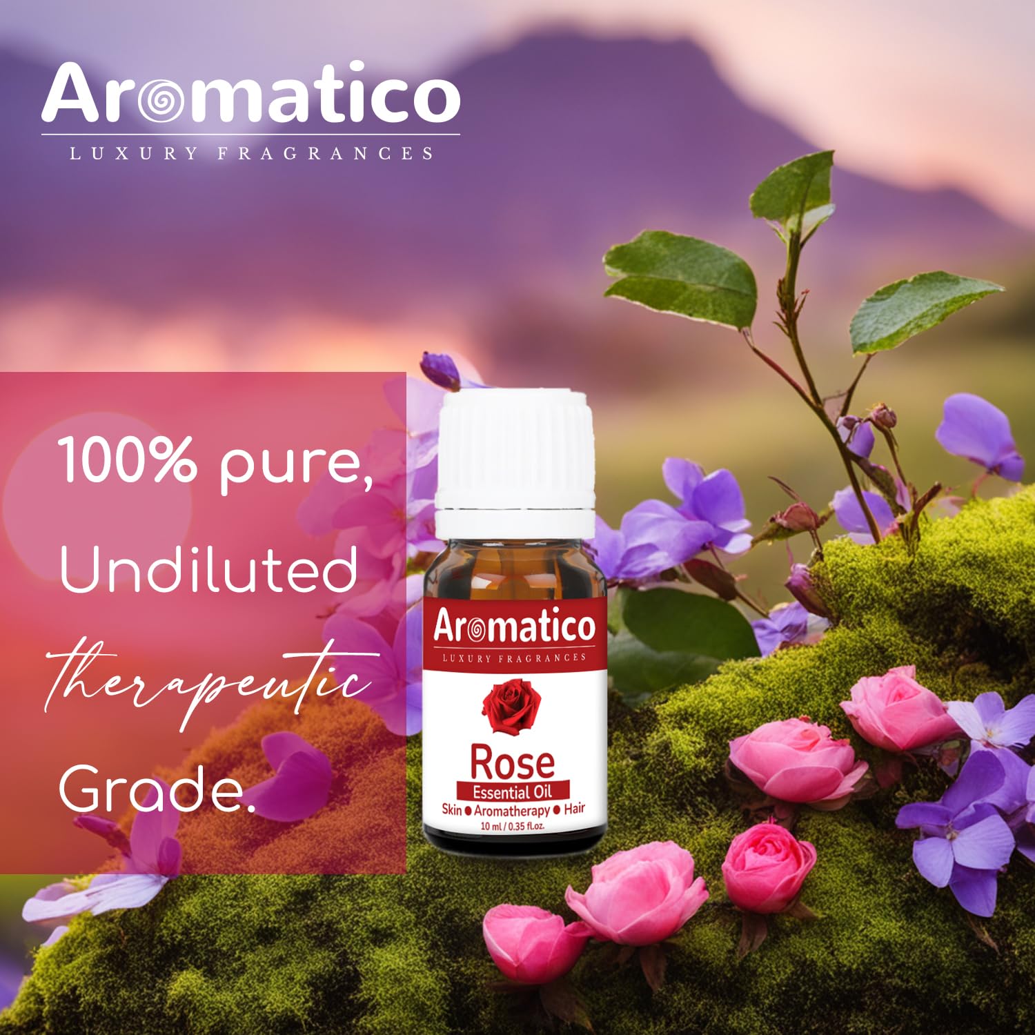 AROMATICO 100% Pure Rose Essential Oil for Aromatherapy, Stress Relief & Meditation | Natural Fragrance for Diffusers, Candles, Soaps | Promotes Relaxation & Focus | Perfect for Spa, Yoga & Home Use - 10ml Bottle
