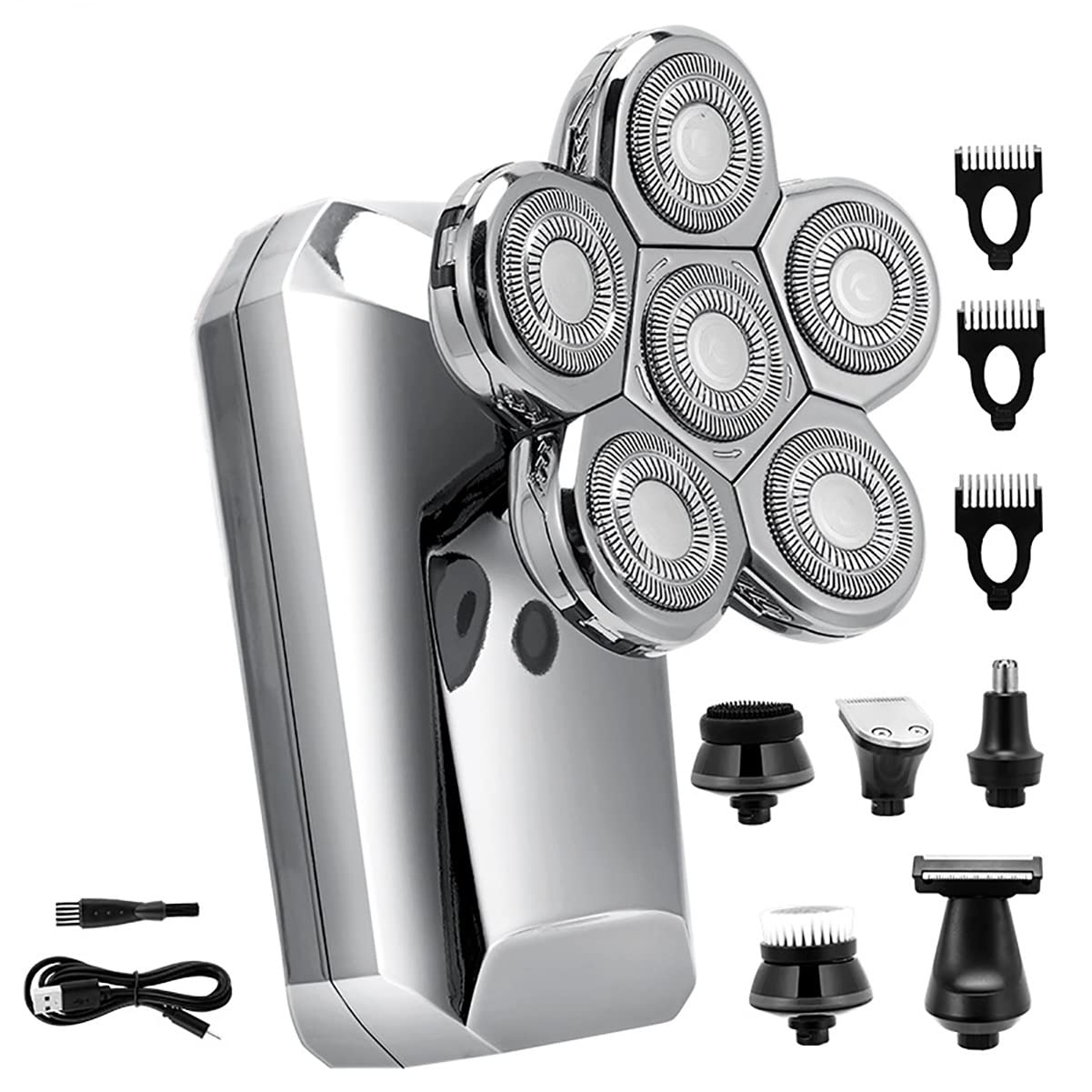 6-in-1 USB Rechargeable Electric Razor for Men - Multifunction Floating Head Shaver with Bald Head Trimmer | Silver Shaving Kit with Travel Case | Perfect for Home, Travel & Daily Grooming
