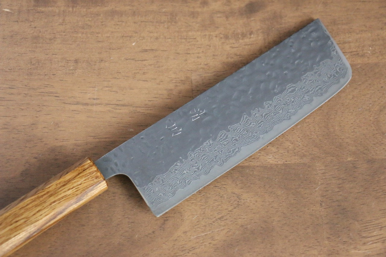 Premium AUS10 Hammered Damascus Nakiri Knife 170mm - Japanese Oak Handle - Professional Chef's Knife for Slicing Vegetables & Herbs - Perfect for Home Cooks & Culinary Enthusiasts