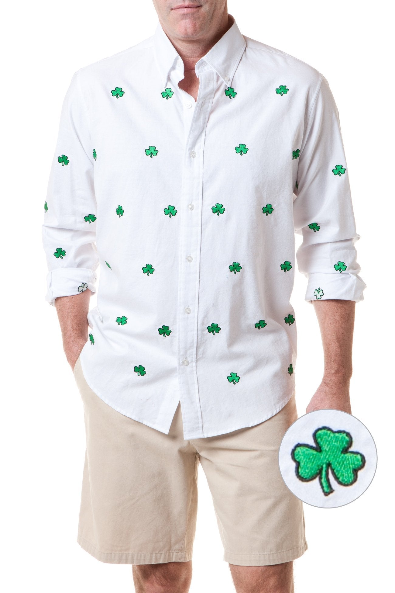Men's White Oxford Shirt with Shamrock Print - Classic Straight Wharf Style for Casual & Business Wear