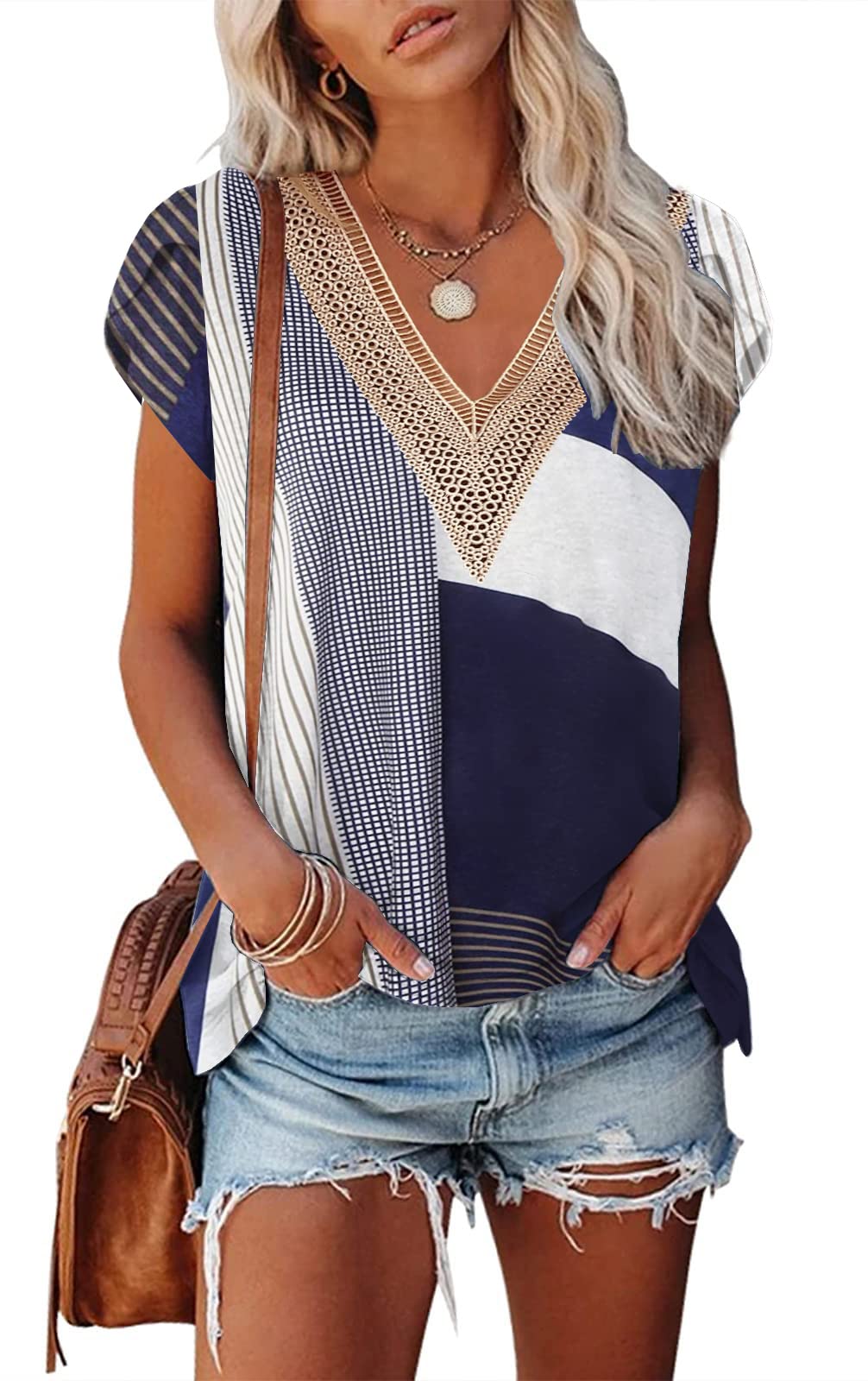 ETCYY Women's Summer Tops 2025 | Trendy Casual Striped Print Blouse | Cute Petal V-Neck Short Sleeve Shirt for Spring & Summer | Perfect for Beach Outings, Date Nights & Casual Wear