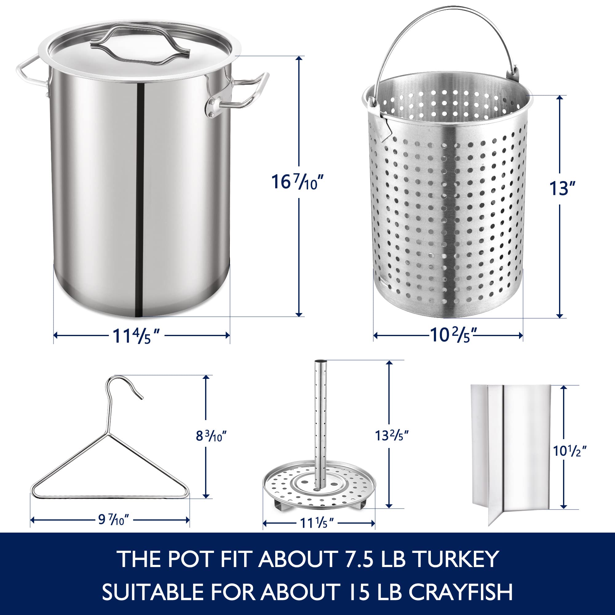 32QT Stainless Steel Stock Pot with Basket & Steamer Rack - 6-Piece Cookware Set for Seafood Boil, Crawfish, Crab, Shrimp, Lobster | Turkey Fryer Pot & Tamale Steamer with Strainer | Perfect for Outdoor Cooking, Family Gatherings & Large Batch Meals