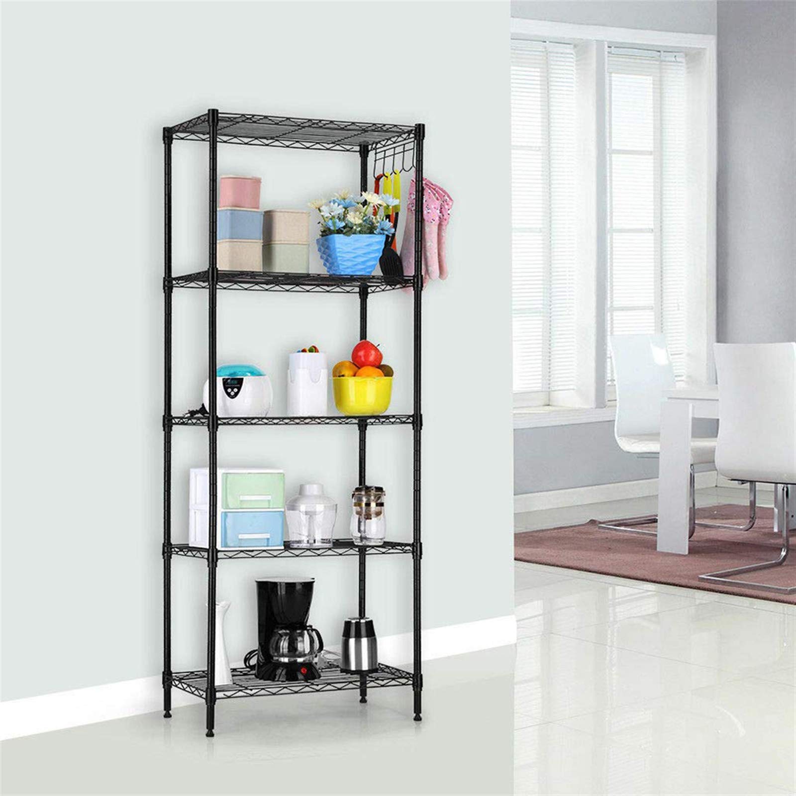 Samworld 5-Tier Black Carbon Steel Kitchen Storage Bakers Rack - Microwave Stand, Kitchen Cart Organizer with Shelves | Perfect for Small Spaces, Pantry Organization & Countertop Appliance Storage