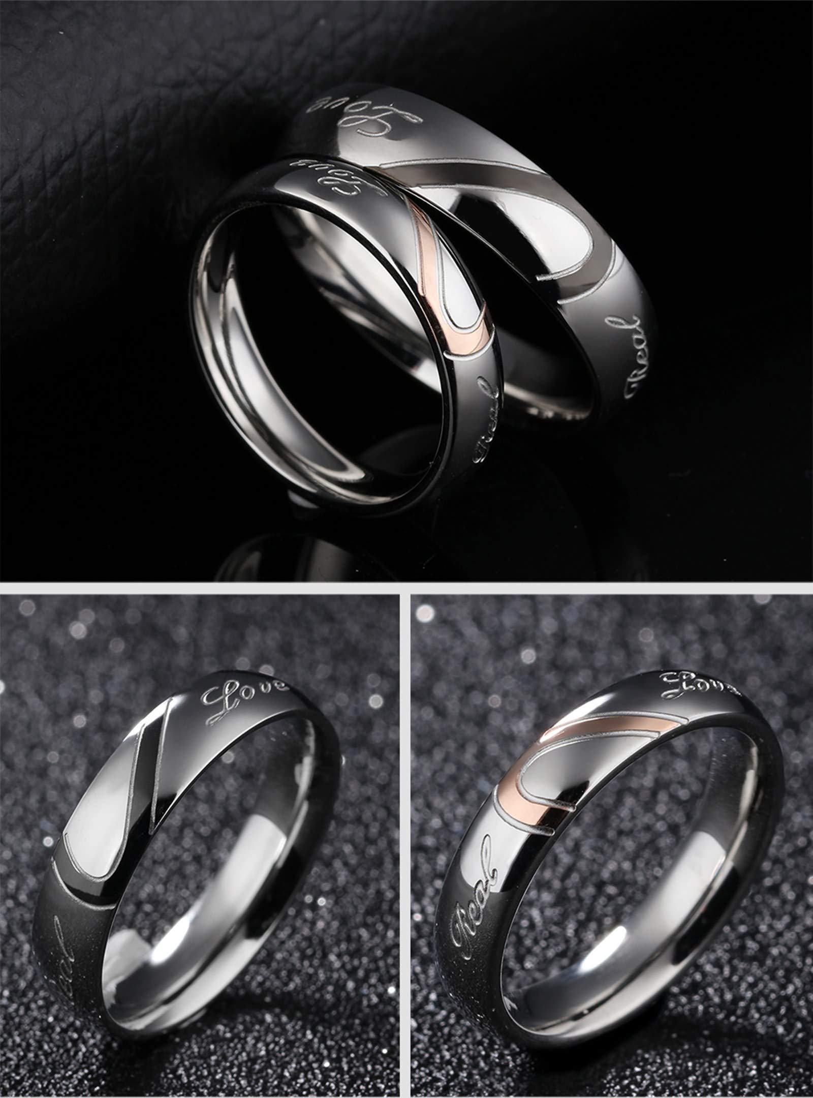KnSam Couple Rings - Stainless Steel Half Heart Shape with Black Rose Gold Finish - Matching Promise Rings for Couples - Perfect for Anniversaries, Engagements & Romantic Gifts