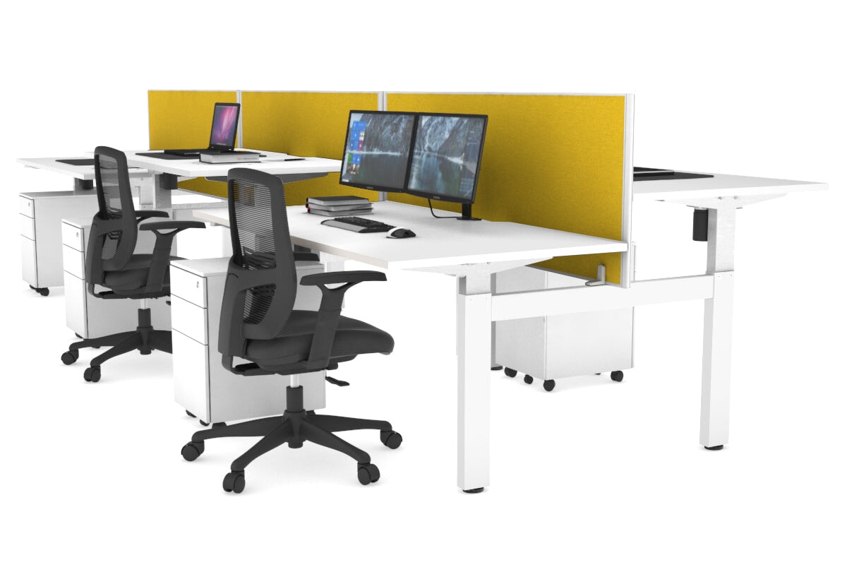 Height Adjustable 6-Person H Bench Workstation with White Frame - 1600L x 800W, Cable Management Scallop | Ideal for Office, Coworking Spaces & Collaborative Work Environments