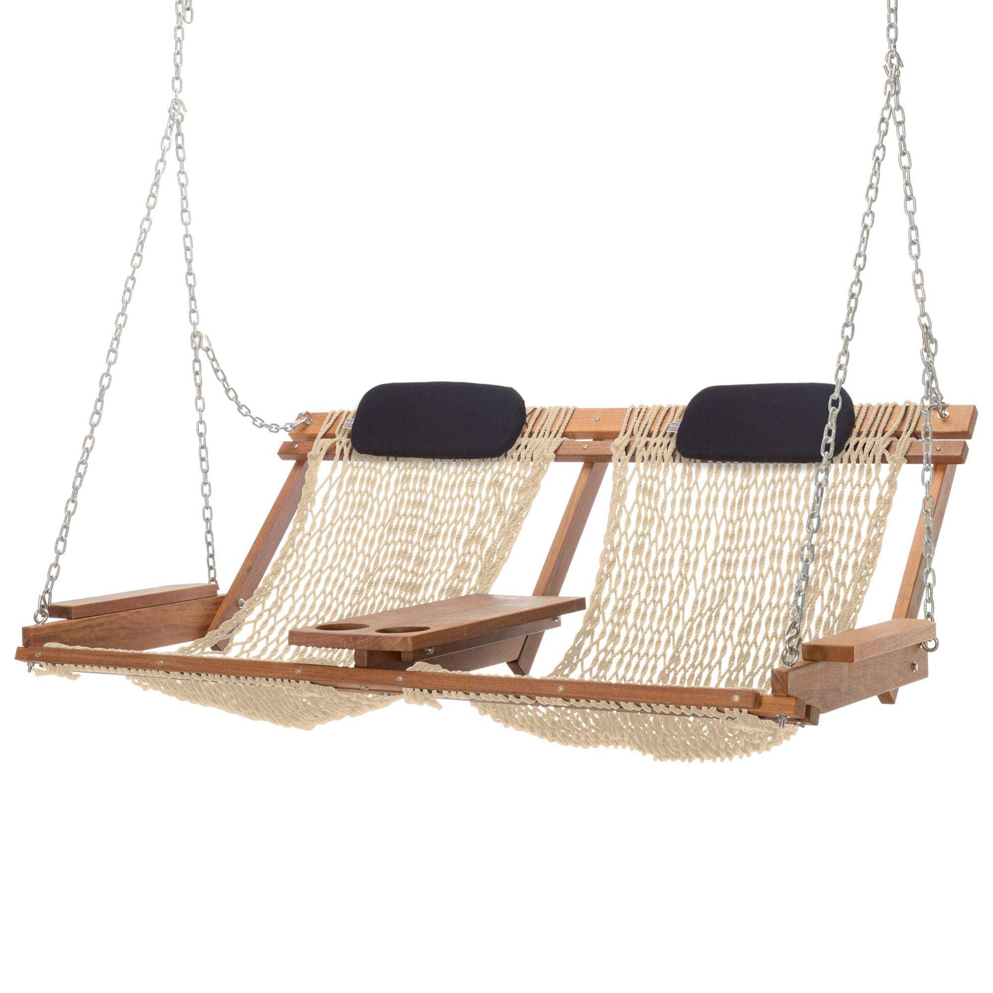 Nags Head Hammocks Cumaru Deluxe Double Porch Swing with Free Navy Pillows - Weather-Resistant Oatmeal DuraCord Rope - Perfect for Outdoor Relaxation in Garden, Patio or Backyard