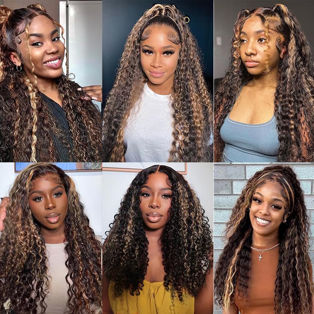 1B/27 Deep Wave Lace Front Wigs Human Hair 200 Density 13x6 HD Lace Frontal Wigs - Ombre Highlight Glueless Human Hair Wigs for Black Women (28 Inch, Black with Blonde Curly) - Perfect for Daily Wear, Parties, Weddings & Special Occasions