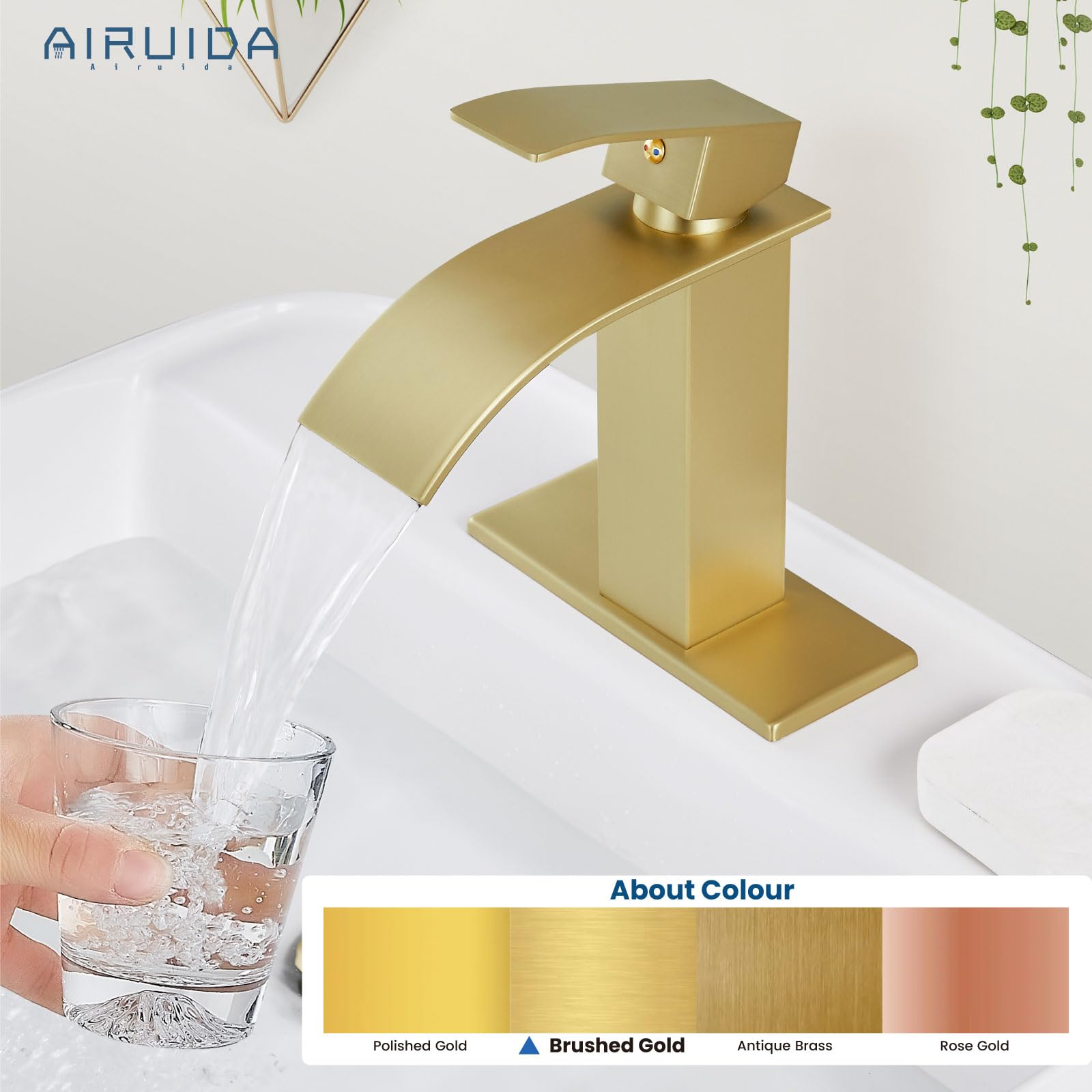 Brushed Gold Waterfall Bathroom Faucet - Single Handle Sink Tap for Vanity & RV Use