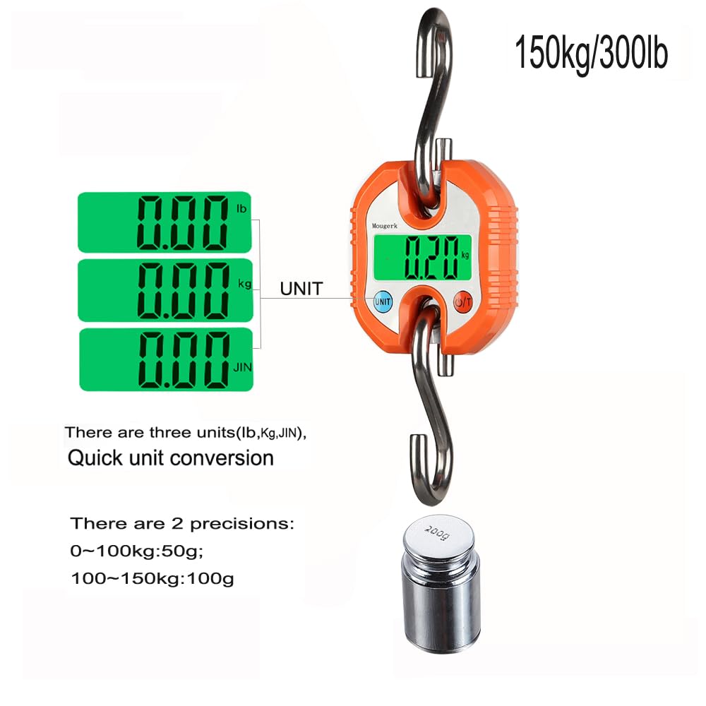 Digital Hanging Scale 150kg/300lb - Portable Heavy Duty Crane Scale with LCD Display - Orange - Perfect for Shipping, Fishing, Hunting, and Industrial Weighing (Batteries Not Included)