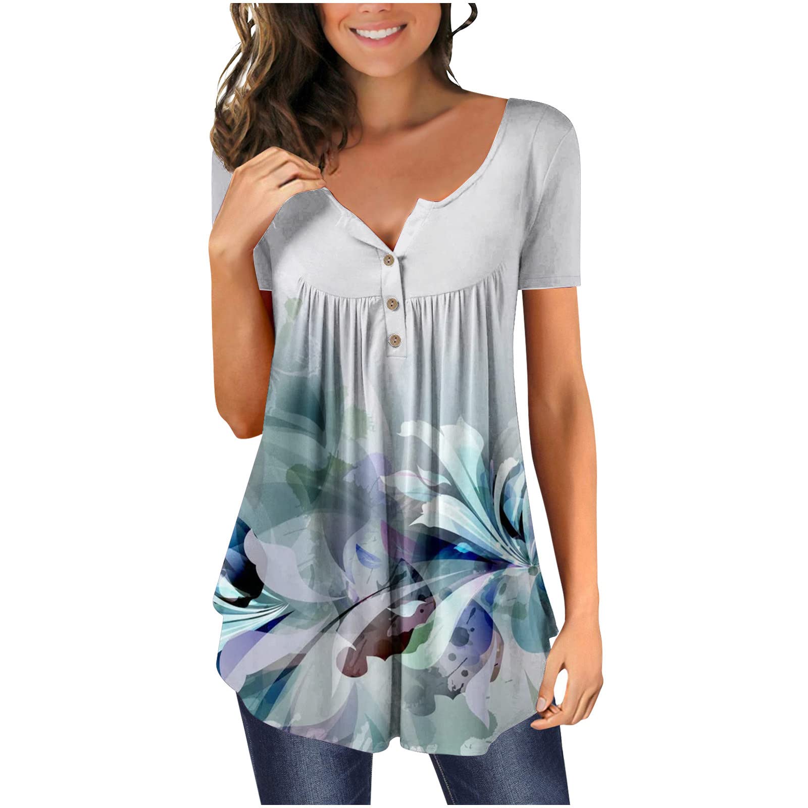 Women's Summer Short Sleeve Floral Print V-Neck Button Down Tunic Tops - Casual Flowy Blouse for Beach, Vacation & Everyday Wear