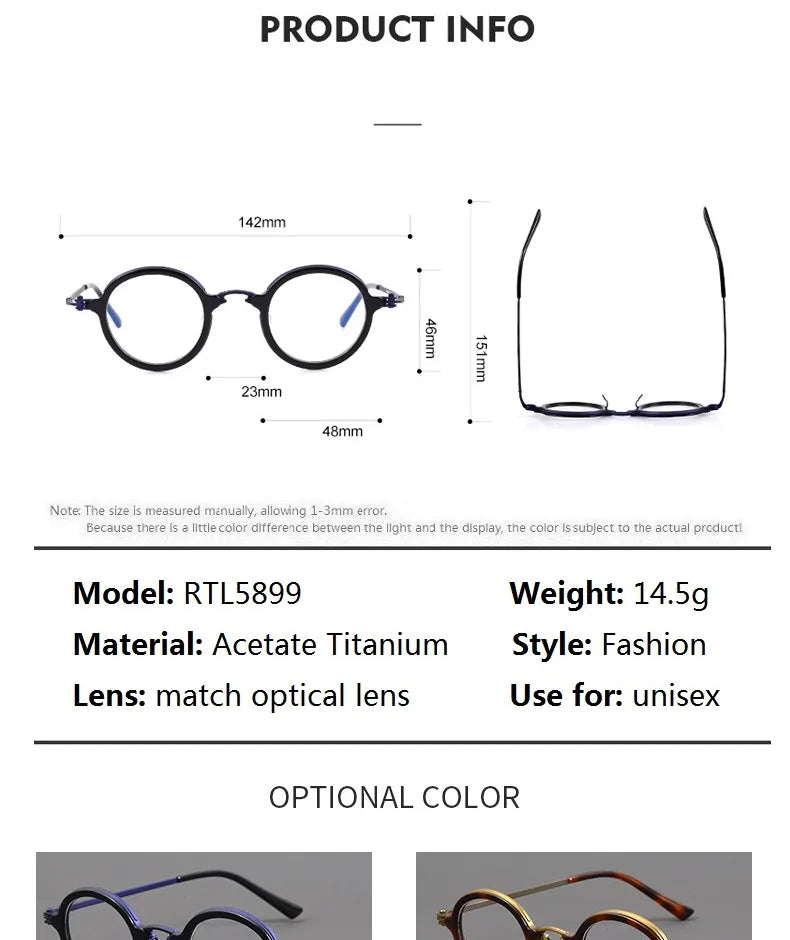 Stylish Unisex Round Titanium Acetate Eyeglasses Frame 95899 - Lightweight & Durable for Work, Reading & Everyday Wear
