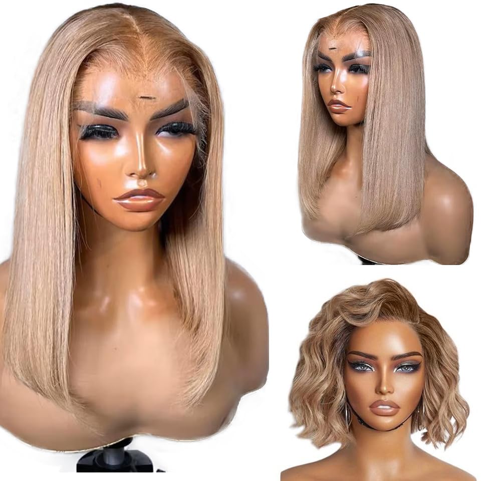 Ash Blonde Bob Wigs Human Hair 180% Density 13x6 HD Lace Frontal Wig for Women - Virgin Hair Silky Straight Glueless Pre-Plucked with Baby Hair - 8 Inch Short Bob Wig Blunt Cut - Perfect for Cosplay, Daily Wear & Special Occasions