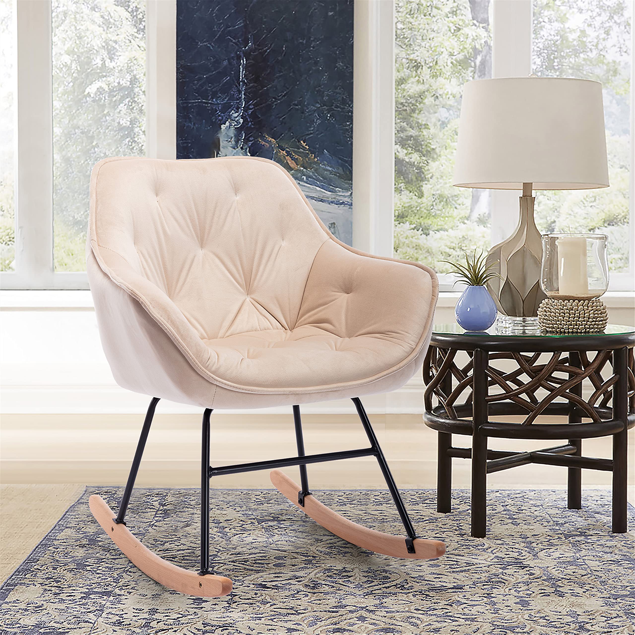 Solid Wood Rocking Chair - Modern Upholstered Armchair with Microfiber Cushion, Comfortable Accent Chair for Living Room, Bedroom, Nursery or Office - Perfect Relaxation Chair for Reading, Nursing & Small Spaces (Beige)