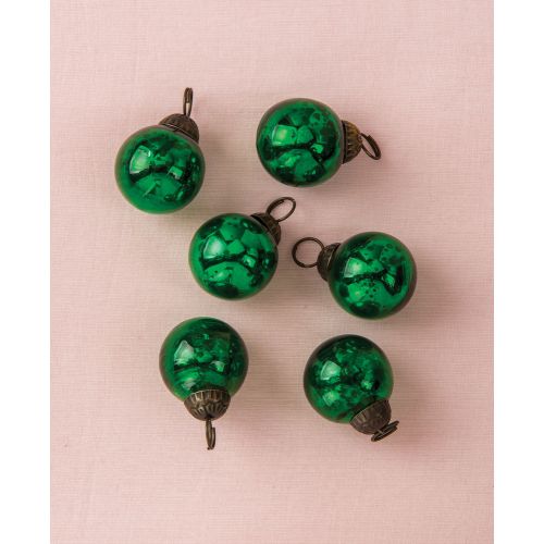6 Pack Handcrafted Green Ava Mini Mercury Glass Ball Ornaments - Christmas Tree Decorations for Holiday, Party & Home Décor