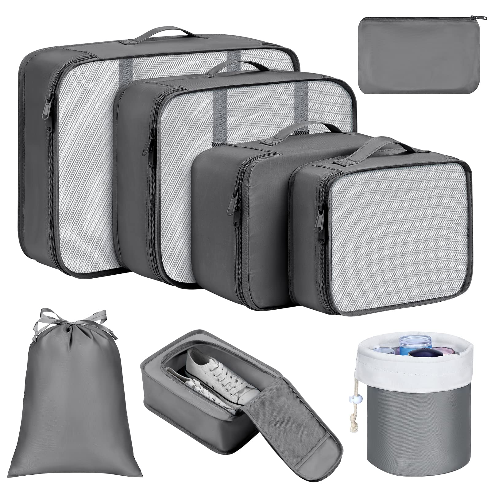 DIMJ 8-Piece Packing Cubes Set for Travel - Lightweight, Foldable Luggage Organizers with Storage Bags (Grey) | Perfect for Suitcase Organization, Business Trips & Vacation Packing