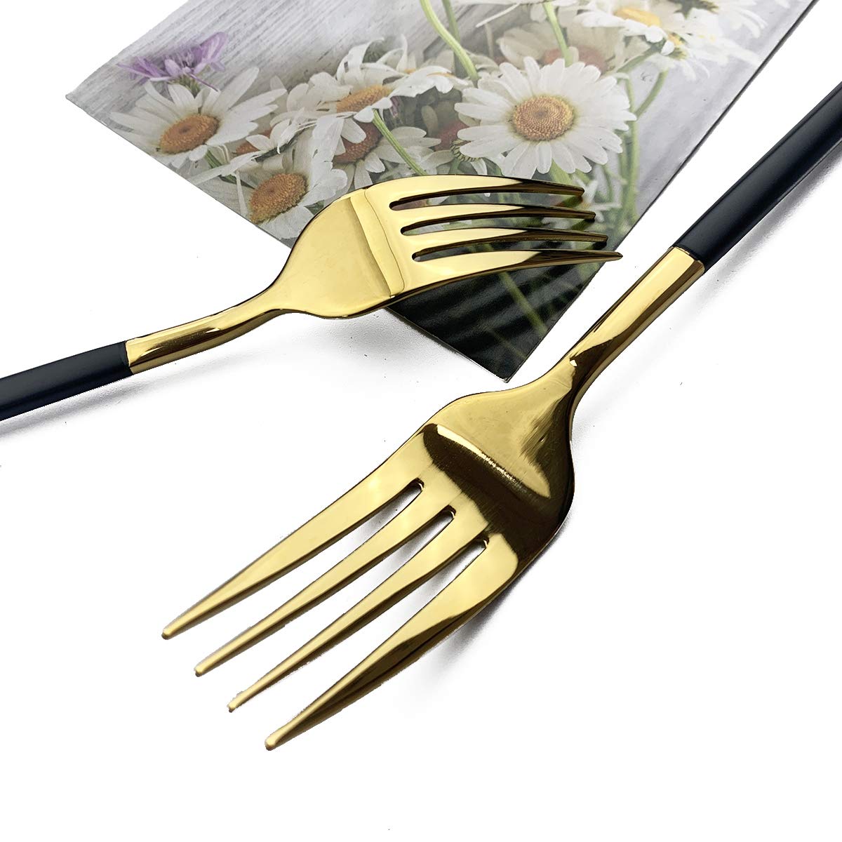 Premium 5-Piece Modern Silverware Set - 18/10 Stainless Steel Flatware with Square Edge - Elegant Mirror Polished Kitchen Utensils for 1 (Black Gold) - Dishwasher Safe - Perfect for Fine Dining, Wedding Gifts & Home Entertaining