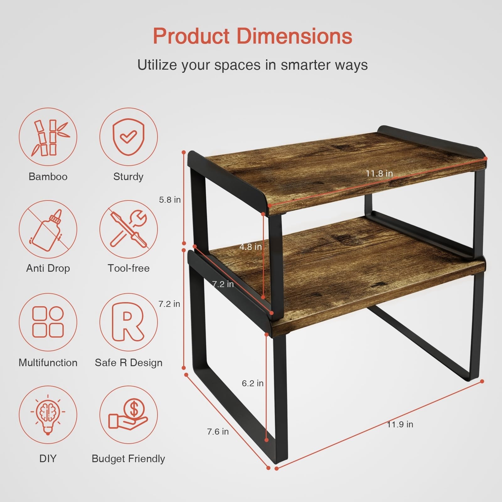 Rustic Black Expandable Kitchen Cabinet Organizer Set of 4 - Adjustable Storage Shelves for Bathroom Sink, Medicine Cabinet & Farmhouse Desk - Perfect for Small Space Organization & Home Decor