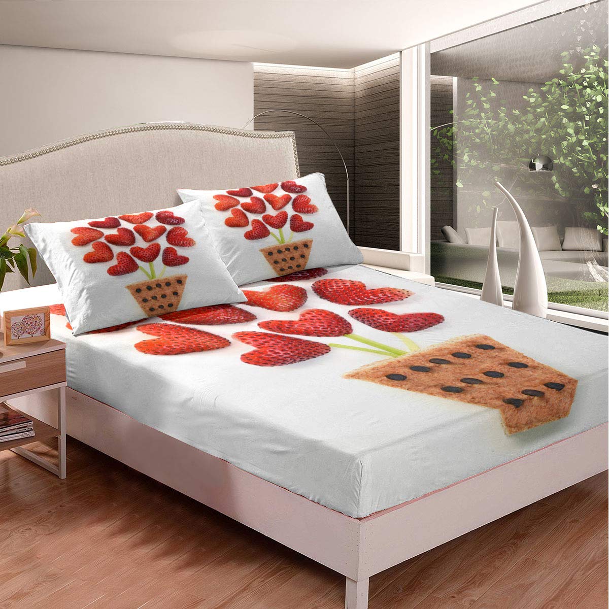 Strawberry Minimalist White Flower Pot Printed Dye Bed Sheet Set - Twin Size 2-Piece (1 Fitted Sheet & 1 Pillowcase) - Ultra Soft Wrinkle-Free Deep Pocket - Perfect for Kids Room, Dorm, Guest Bedroom & Modern Home Decor