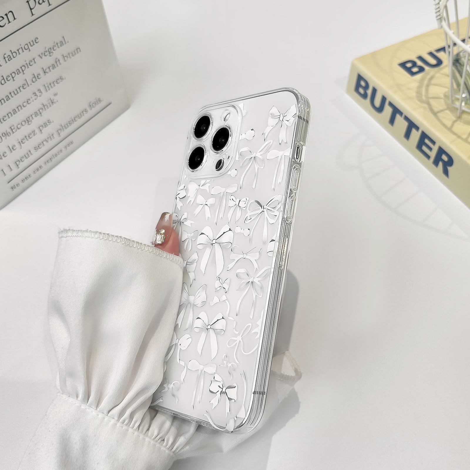 NITITOP iPhone 13 Pro Max Case - Cute Clear Phone Cover with Bowknot Design, Slim Soft Protective Case for Women & Girls (White Bow Ribbon) | Perfect for Everyday Use, Gift Giving & Fashion Accessories