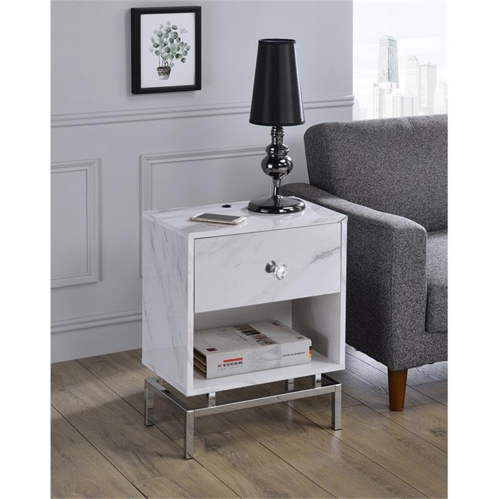 BOWERY HILL Modern White Marble Top Wooden Nightstand - Contemporary 1-Drawer Bedside Table for Living Room, Bedroom & Office