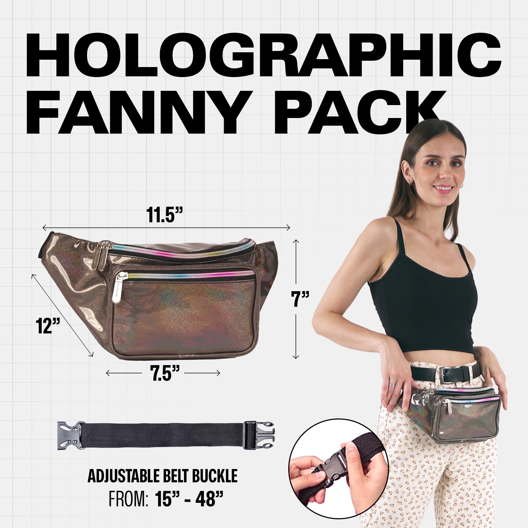 Holographic Fanny Pack Belt Bag for Men & Women - Waterproof Crossbody Waist Bag with Large Capacity - Hands-Free Bumbag for Hiking, Running, Travel, Festivals & Outdoor Activities (Copper Glitter)