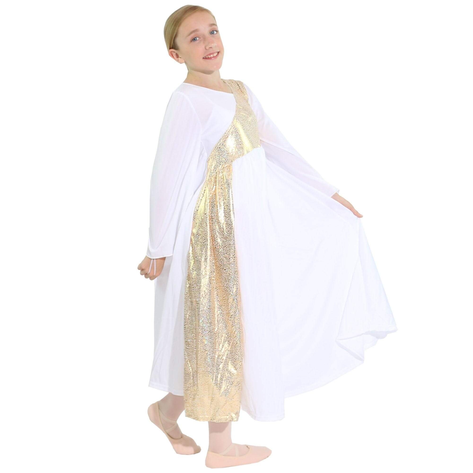 Danzcue Girls' Sparkly Asymmetrical Bell Sleeve Dance Dress - Perfect for Ballet, Jazz, Competition & Performance Costumes