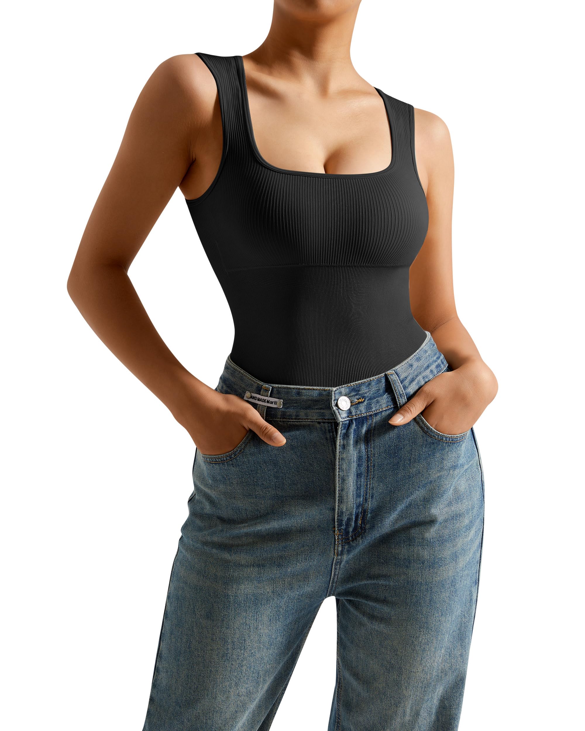 DOULAFASS Women's Square Neck Ribbed Shapewear - Tummy Control Bodysuit, Body Shaper Thong Tank Top for Slimming & Smoothing - Perfect for Dresses, Workouts & Everyday Wear