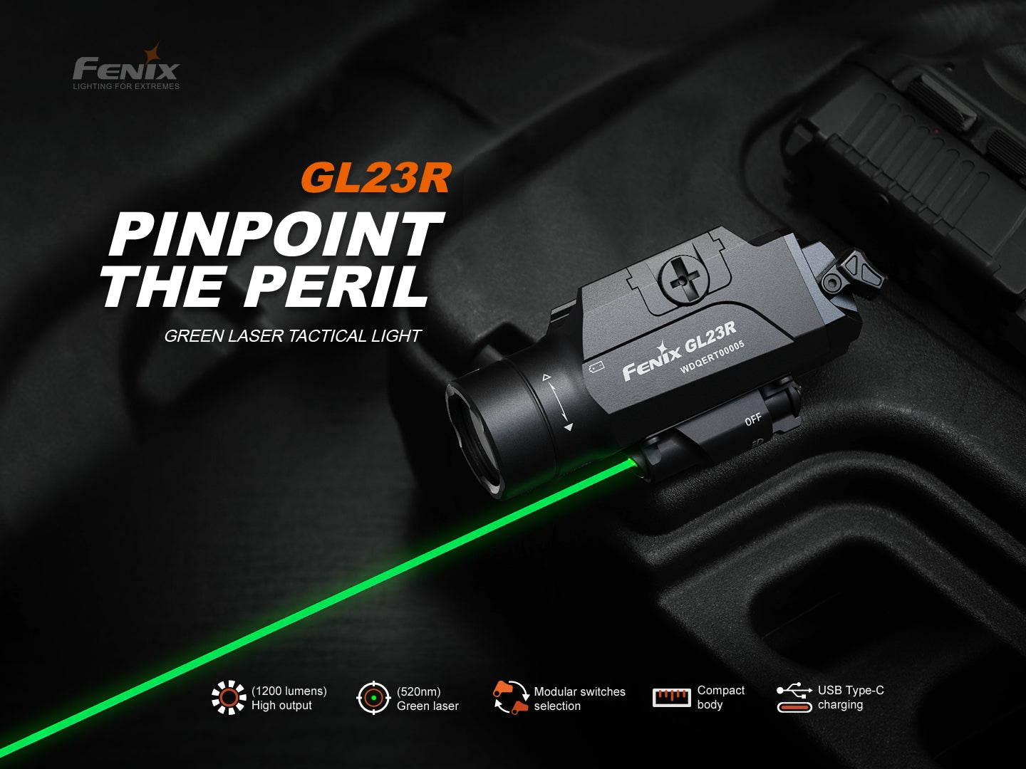 Fenix GL23R Tactical Green Laser Flashlight - High-Power 532nm Beam for Hunting, Airsoft & Outdoor Adventures