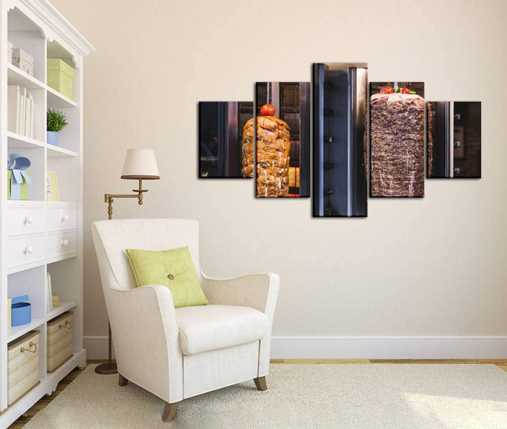 Skipvelo 5-Panel Wall Art Canvas Print - Turkish Doner Kebab BBQ Meat Restaurant Scene in Istanbul - Stretched & Framed Ready to Hang Wall Decor - Perfect for Kitchen, Dining Room or Mediterranean-Themed Home Decor