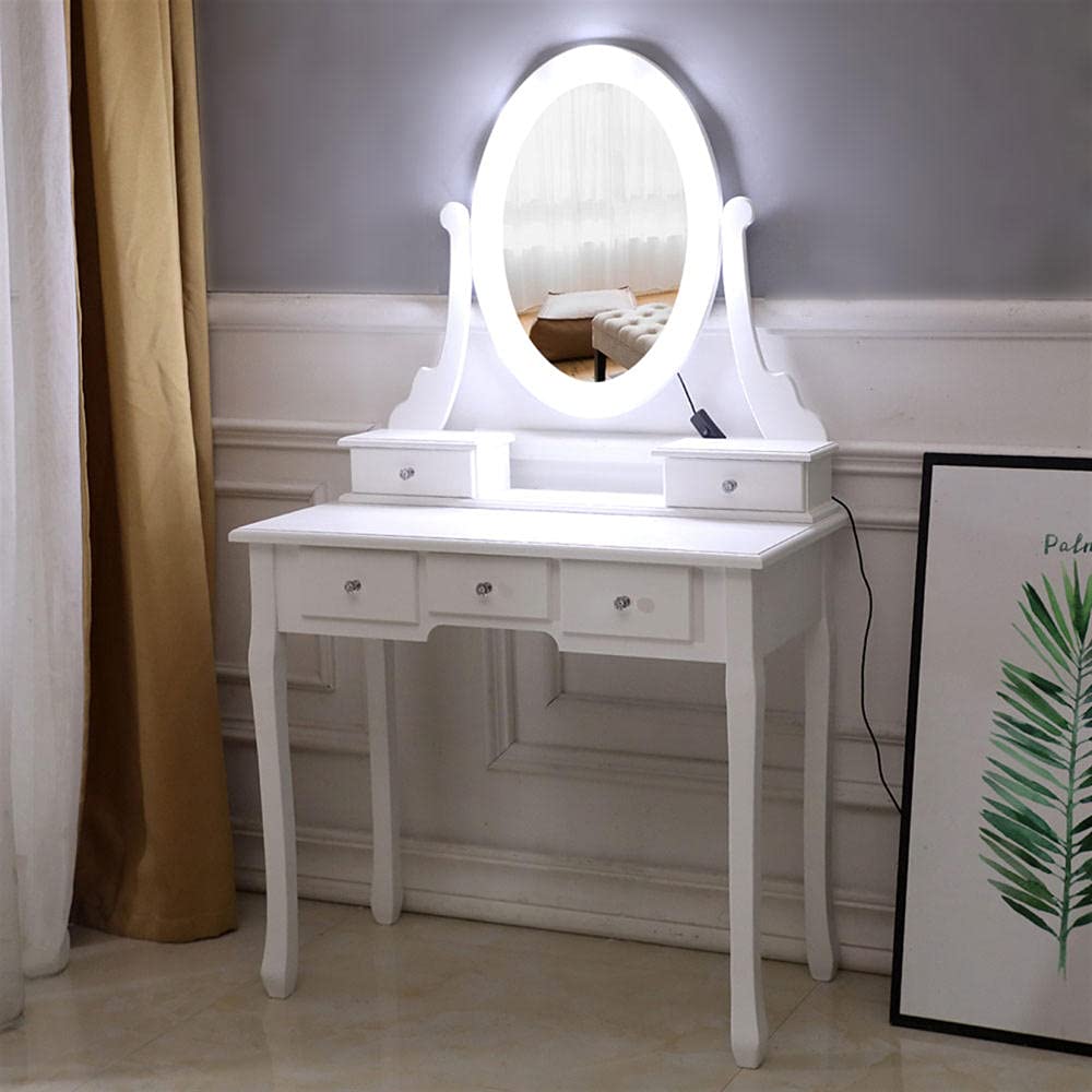 Modern White Vanity Desk with LED Lights & Stool - 5 Drawers for Bedroom Dressing Room