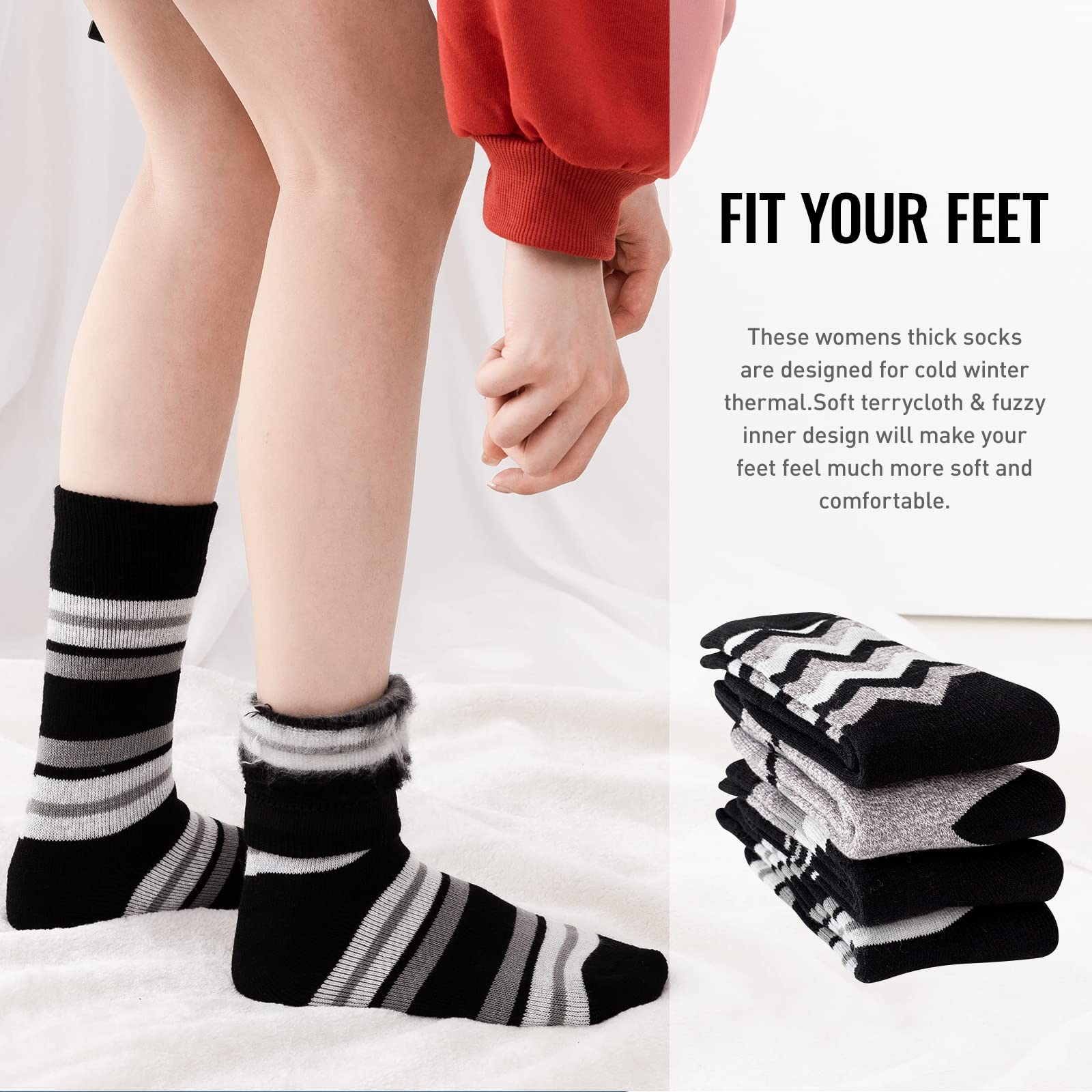Women's Thermal Winter Socks - 4 Pairs Warm Fuzzy Crew Socks for Extreme Cold Weather - Perfect for Boots & Outdoor Activities