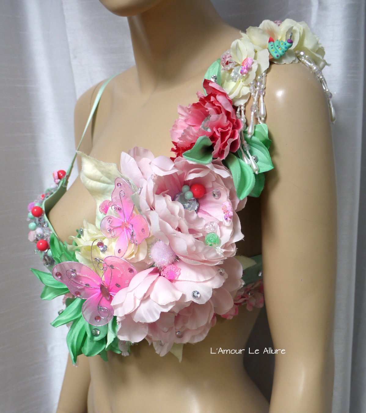Pink Mint Candy Flower Fairy Fringe Rave Bra - Sexy Halloween Dance Costume for Women, Festival Outfit, Rave Wear, Bachelorette Party, Cosplay & Burlesque Performance