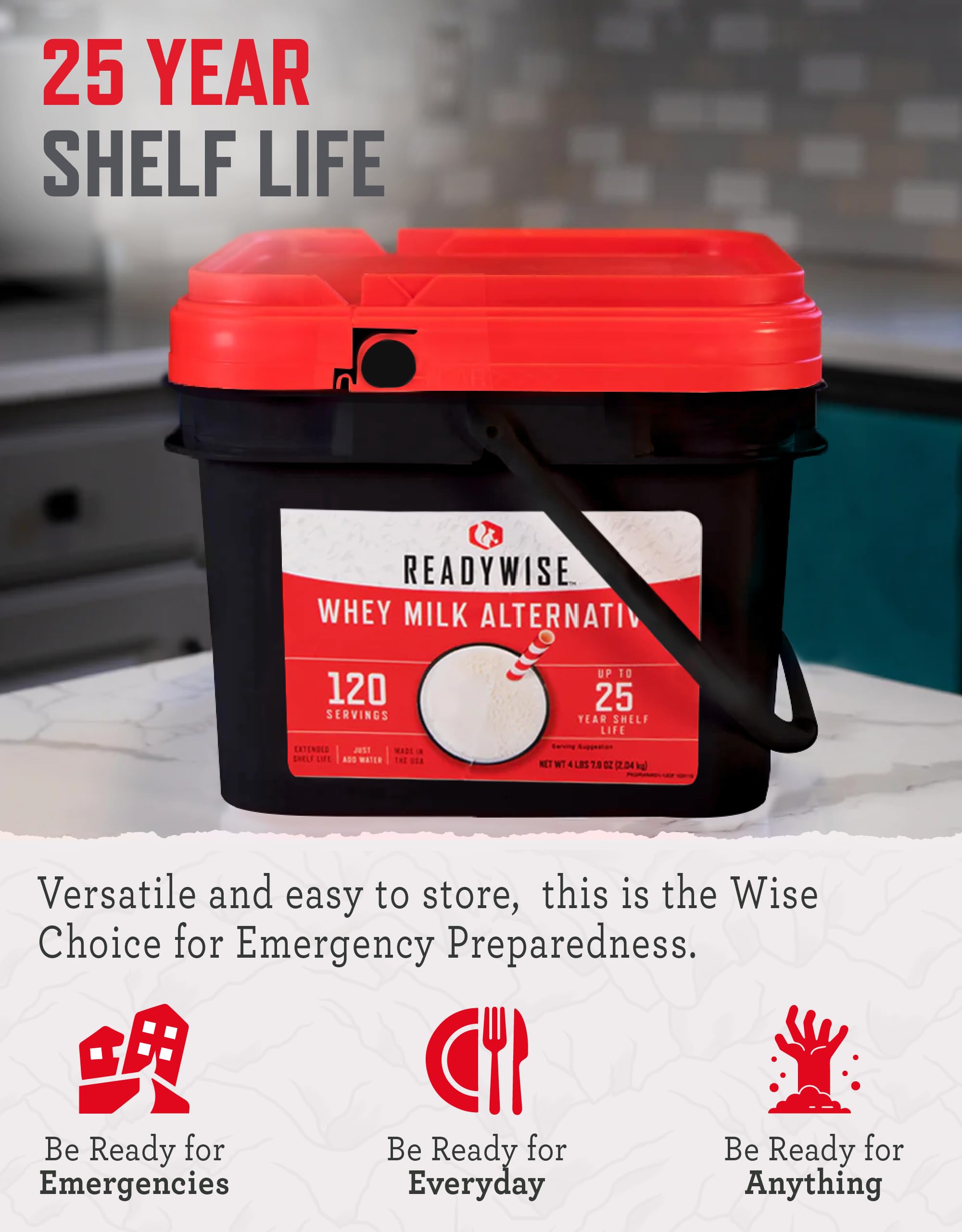 READYWISE Whey Milk Alternative Bucket - 120 Servings Freeze Dried Survival Drink | Emergency Food Supply, MRE Meal Replacement & Camping Essentials | Individually Packaged with 25 Year Shelf Life | Perfect for Hiking, Adventure, Disaster Preparedness & Long-Term Storage