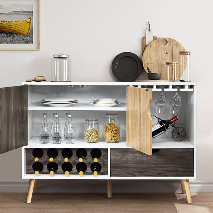 Buffet Sideboard with 10-Bottle Wine Rack & Glass Shelves - Kitchen Storage Cabinet with Drawer & Door Shelf - Perfect for Dining Room, Living Room & Kitchen Organization