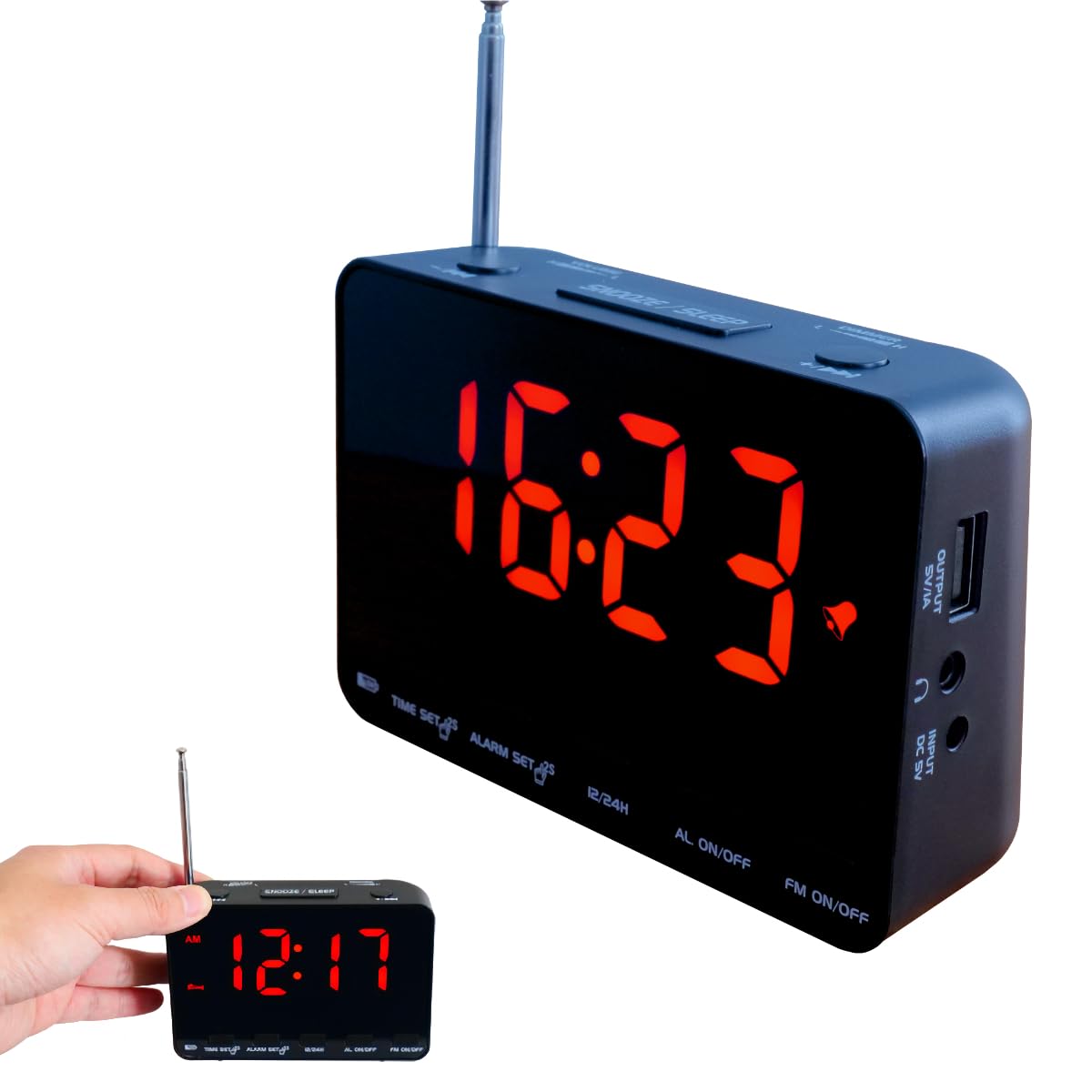 Black Frame Red Display FM Radio Alarm Clock with 5.2