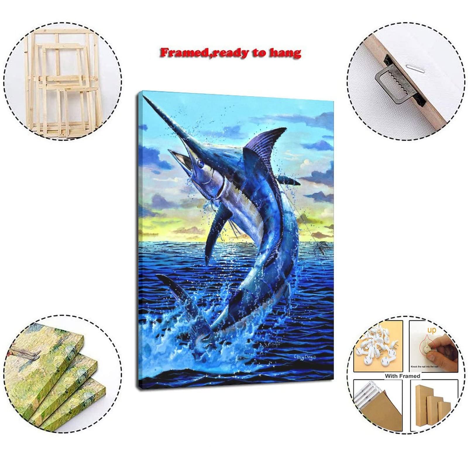 Blue Marlin Fishing Canvas Art Poster - Ocean Jumping Fish Wall Decor for Living Room, Office & Nautical Theme Spaces