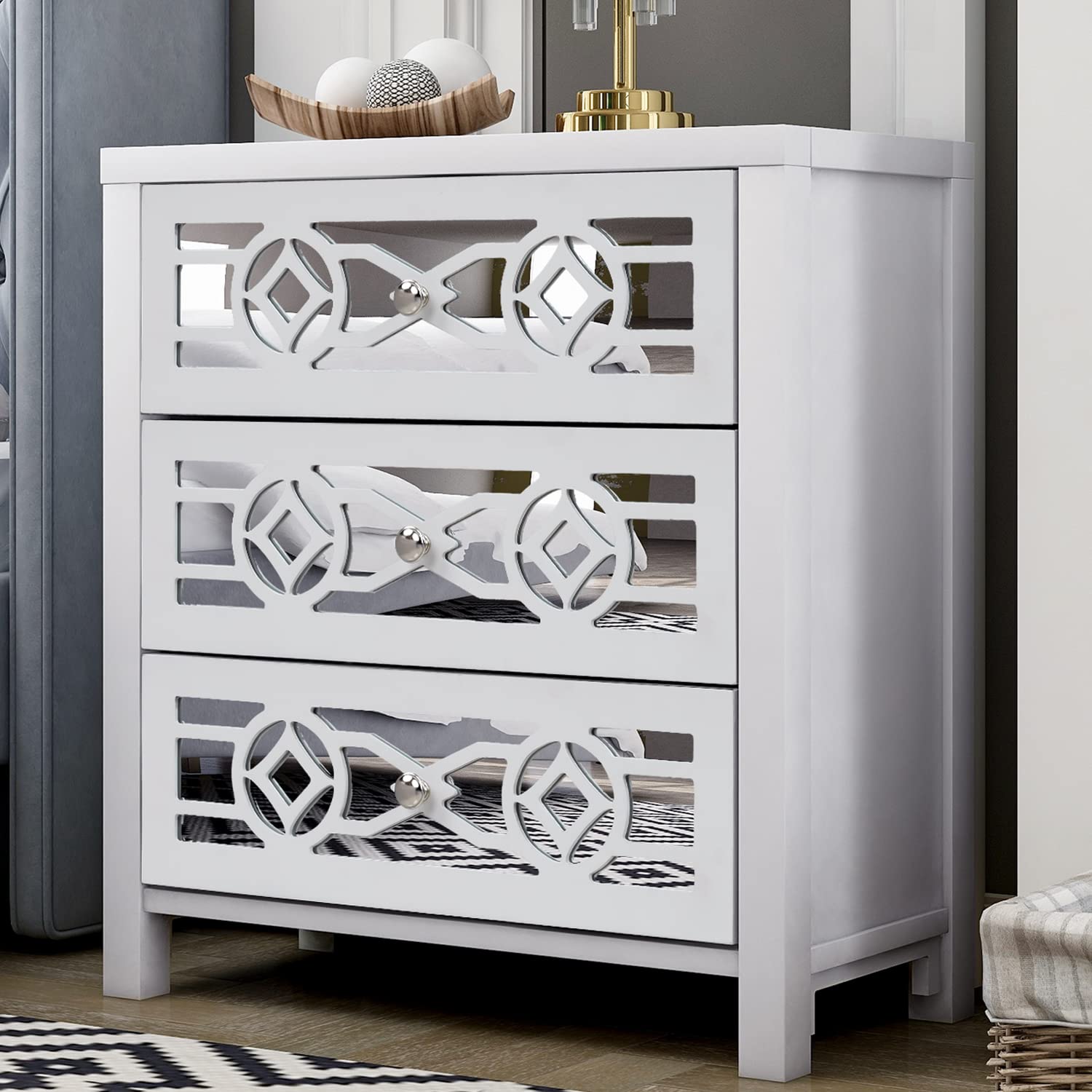 Modern Wood Storage Cabinet with 3 Pull-Out Drawers & Decorative Mirror - Entryway Organizer for Hallway, Living Room, Bedroom | Stylish Home Decor for Small Spaces
