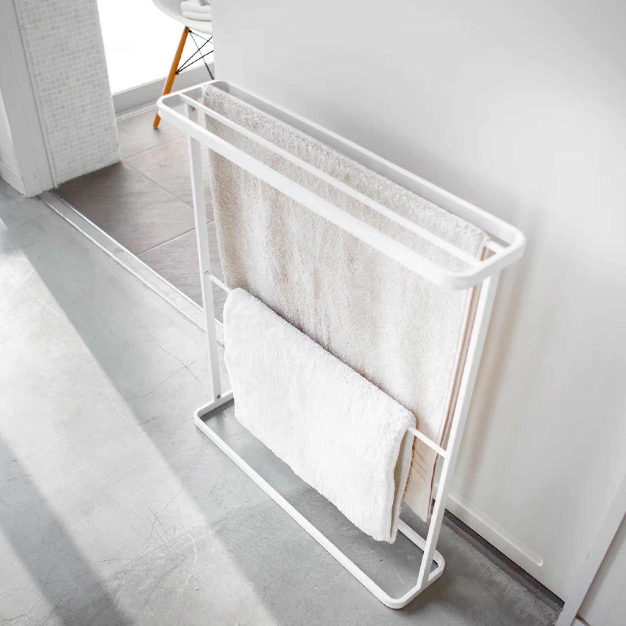YAMAZAKI White Tower Bath Towel Hanger - Space Saving Bathroom Organizer for Hanging Towels, Robes & Clothes - Perfect for Small Bathrooms, Laundry Rooms & Spa Areas
