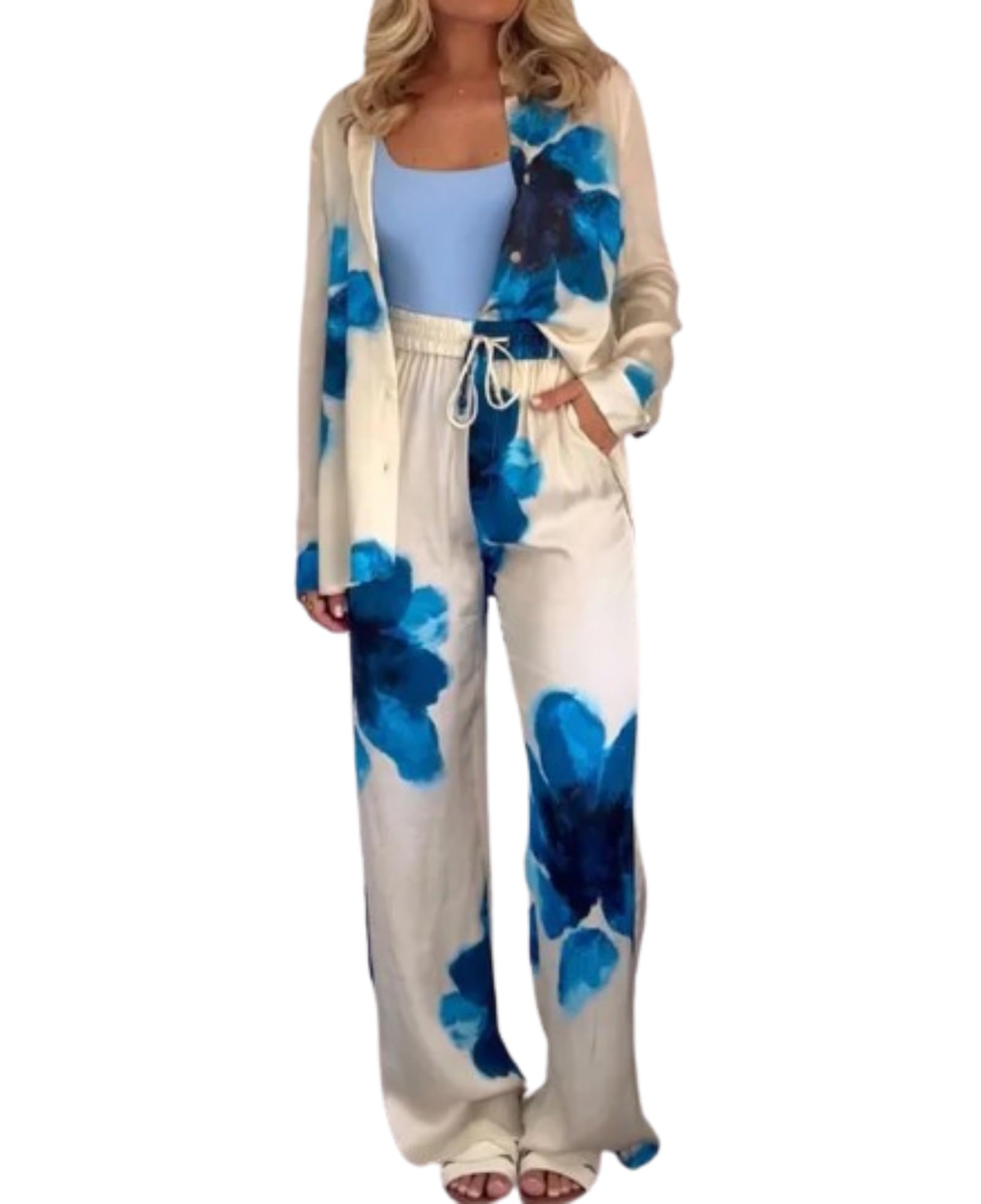 Pokn Women's 2 Piece Lounge Set - Floral Print Turn-Down Collar Shirt & Wide Leg Pants | Summer Athleisure Outfit for Women | Perfect for Yoga, Lounging & Casual Wear